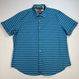 Robert Graham Shirt Men 2XL Blue Plaid Geometric Flip Cuff Classic Fit Button Up